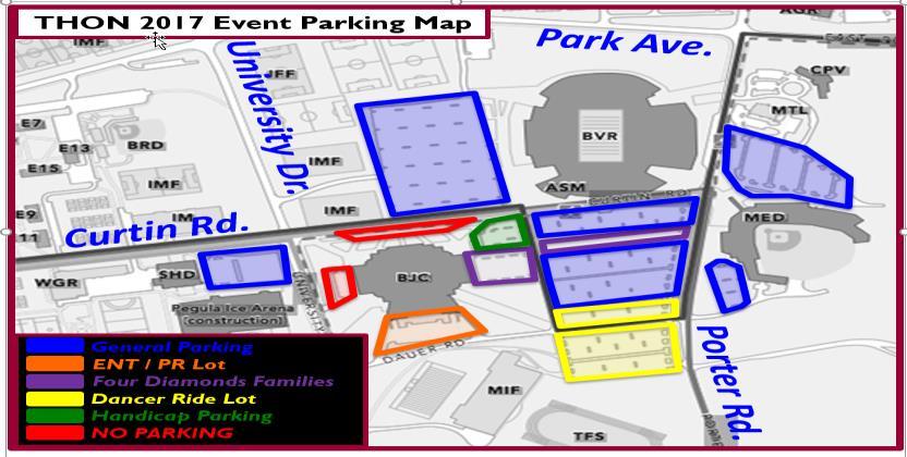 THON Weekend parking 1. Where am I allowed to park? Spectators may park in Commuter Lot Stadium West, Commuter Lot Jordan East, Commuter Lot Porter North and Sheilds Lot throughout THON Weekend.
