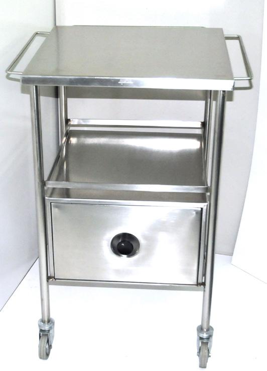 Older style stainless steel trolley in good condition with rubber surround on lower shelf.