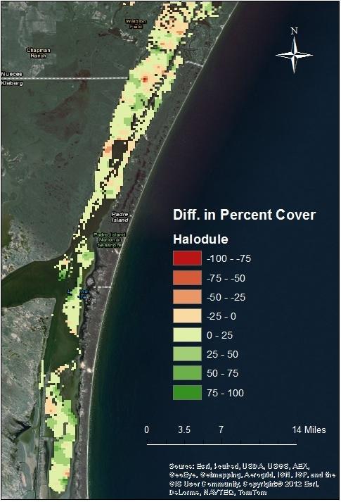 Wilson 19 Upper Laguna Madre Figure 13 shows seagrass coverage in the ULM sampling stations (n=137 and n=136). Almost all stations seemed to experience small increases in percent coverage.