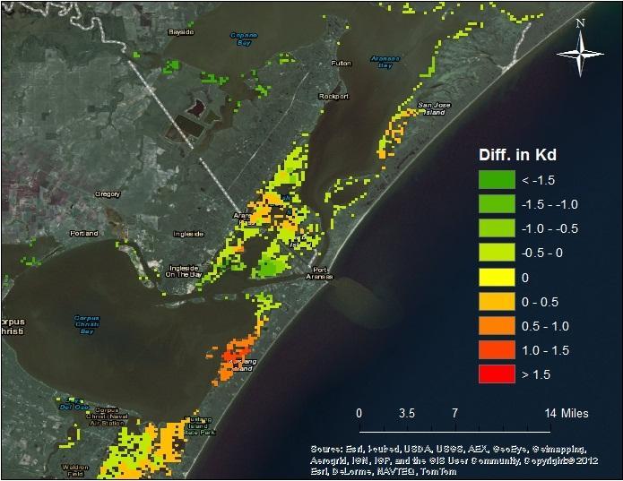 Wilson 22 Mission-Aransas National Estuarine Research Reserve and Corpus Christi Bay The area along the central western coast of Mustang Island shows a large increase in light attenuation (Figure