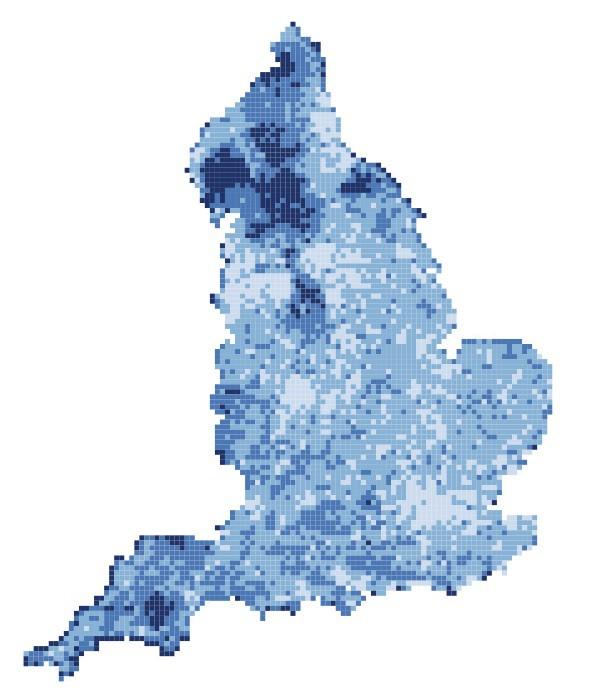 1.3 Linking the walks with the data Fig 1: A map of the average scenic or not ratings (Singleton 2012) A darker square indicates a higher rating.