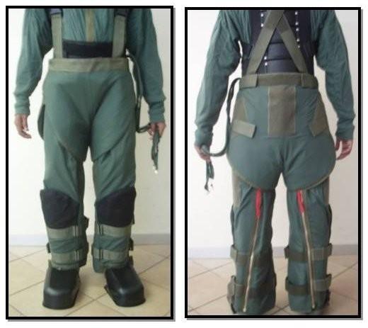 Front and back view of trousers with groin protector on- 2009 Model. The trousers have fully adjustable supporting braces and wide Velcro waistband catering for small, medium and large sizes.