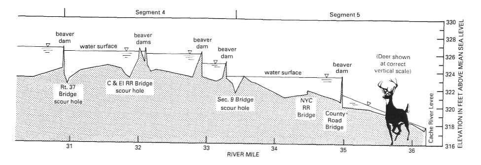 Figure 4, concluded with a crest of 326.6 feet msl. In the event that the beaver dams at river miles 32.0 and 32.1 ever failed, this dam could prevent the wetland area upstream from draining.