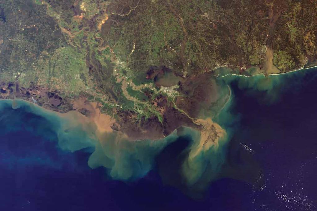 Chapter six Figure 6.2. This spring 2011 image shows that large amounts of sediment in the Mississippi River empty into the Gulf via the leveed main river channel, bypassing much of the Delta.
