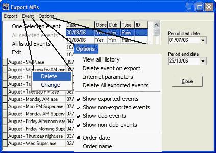 Club's advanced options 210 All the options on this screen are found in menu items. To exit this screen press [Close] or use the [Esc] key. Export The export menu items show the possible actions.