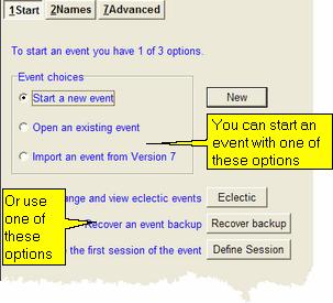 89 Working with events Selecting the "Start a new event" option [Ctrl-N] will start the event wizard 63 that will lead you through the process of creating the event you are about to conduct.
