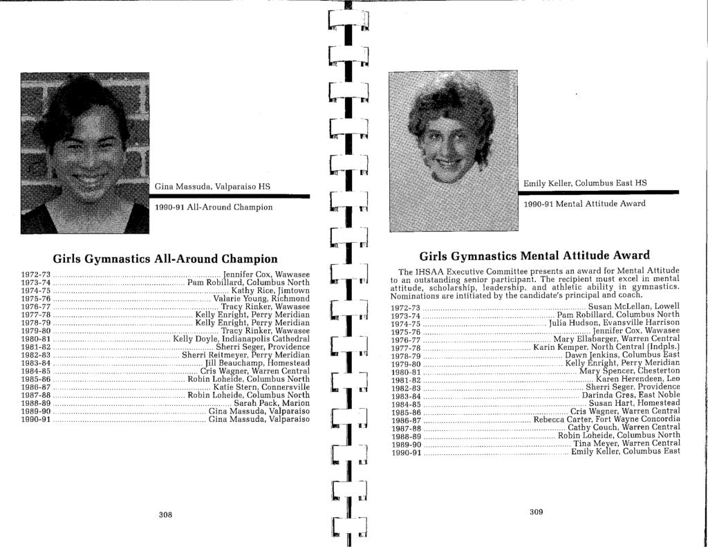 Gina Massuda, Valparaiso HS 1990-91 All-Around Champion Emily Keller, Columbus East HS 1990-91 Mental Attitude Award 1972-73.. 1973-74. 1974-75... 1975-76. 1976-77... 1977-78. 1978-79. 1979-80.