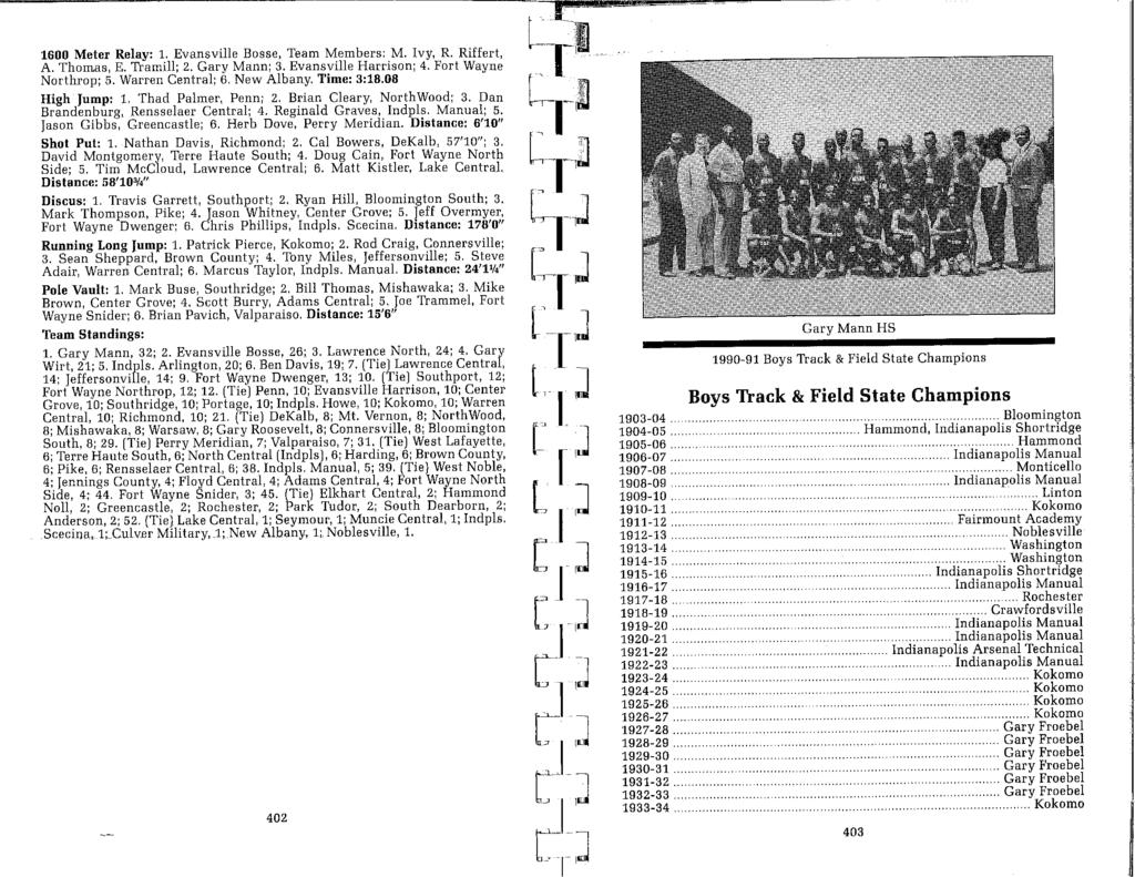 1600 Meter Relay: 1. Evansville Bosse, Team Members: M. Ivy, R. Rifler!, A. Thomas, E. Tramill; 2. Gary Mann; 3. Evansville Harrison; 4. Fort Wayne Northrop; 5. Warren Central; 6. New Albany.