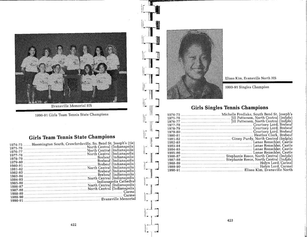 Elissa Kim, Evansville North HS 1990-91 Singles Champion Evansville Memorial HS 1990-91 Girls Team Tennis State Champions Girls Team Tennis State Champions 1974-75.