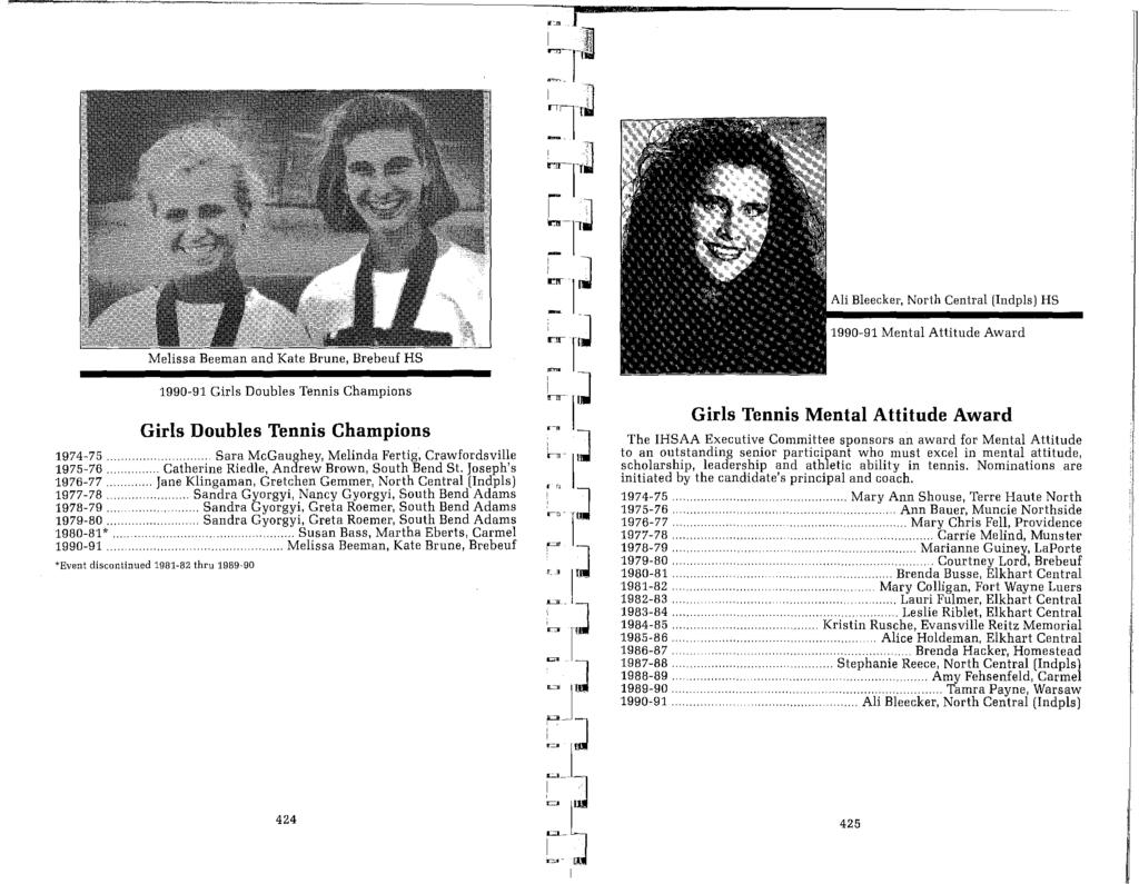 Ali Bleecker, North Central (lndpls) HS 1990-91 Mental Attitude Award Melissa Beeman and Kate Brune, Brebeuf HS 1990-91 Girls Doubles Tennis Champions Girls Doubles Tennis Champions 1974-75.