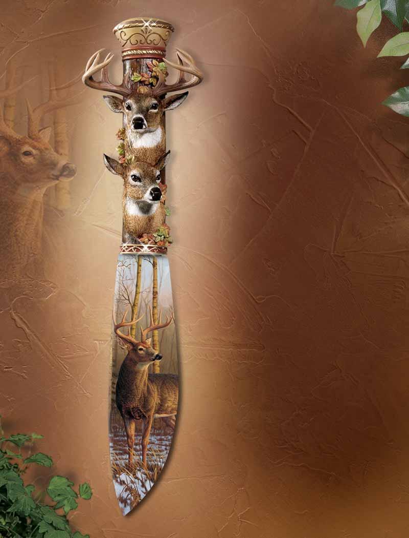 Replica knife is richly adorned with deer and leaf sculpture and full-color artwork Take it in your hands and grasp nature s.majesty.