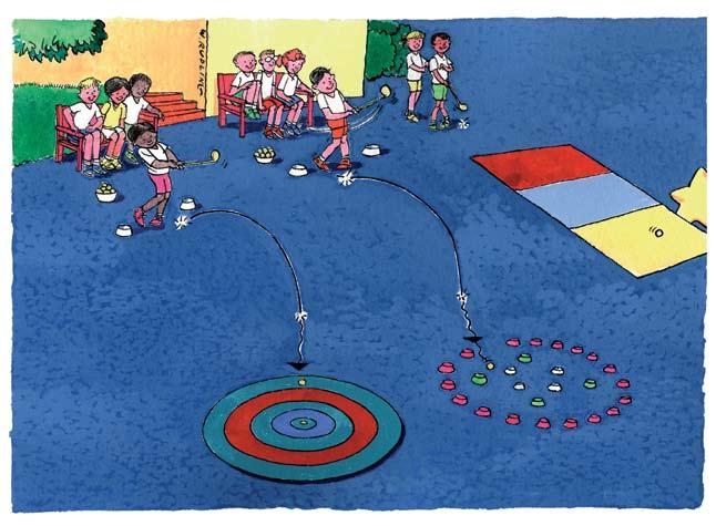 Chipping - Aim and Distance Control: Bullseye Split the group into teams of 3 or 4. Set out a safe area with red markers and a tee area using white markers.