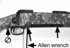 RELEASE (see FIGURE 8). 6. Using a 5/32 Allen wrench, loosen and remove the two action screws securing the stock. DO NOT REMOVE THE SCREW AT THE REAR OF THE TRIGGER GUARD.