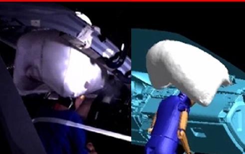 In two repeat position 2 tests, one had the airbag deployed over the dummy head (over-shot), and one had the airbag warped-around the head (warp-around).