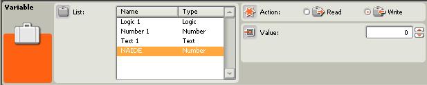 Joonisel on tüübiks valitud number ning nimeks NÄIDE. Pärast oma muutuja lisamist sulgege aken. Muutuja ploki lisamisel programmi saab nüüd valida muutujate nimekirjast ka oma muutuja.