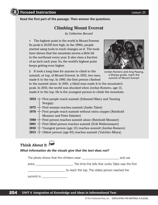 LESSON 25 InterprETING VISUAL ELEMENTS OF a Text PAGES 254 AND 255 2 Focused Instruction Title: Climbing Mount Everest Genre: Nonfiction: Informational Lexile Measure: 1260L Guide students as they