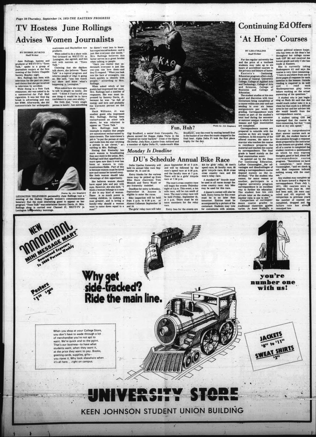 / Page 10-Thursday, September 14, 1972-THE EASTERN PROGRESS TV Hostess June Rollngs Advses Women Journalsts KYDKRBKJKNKNS Starf Wrter June Rollngs, hostess and producer of WKYT-TV's "Town Talk,"