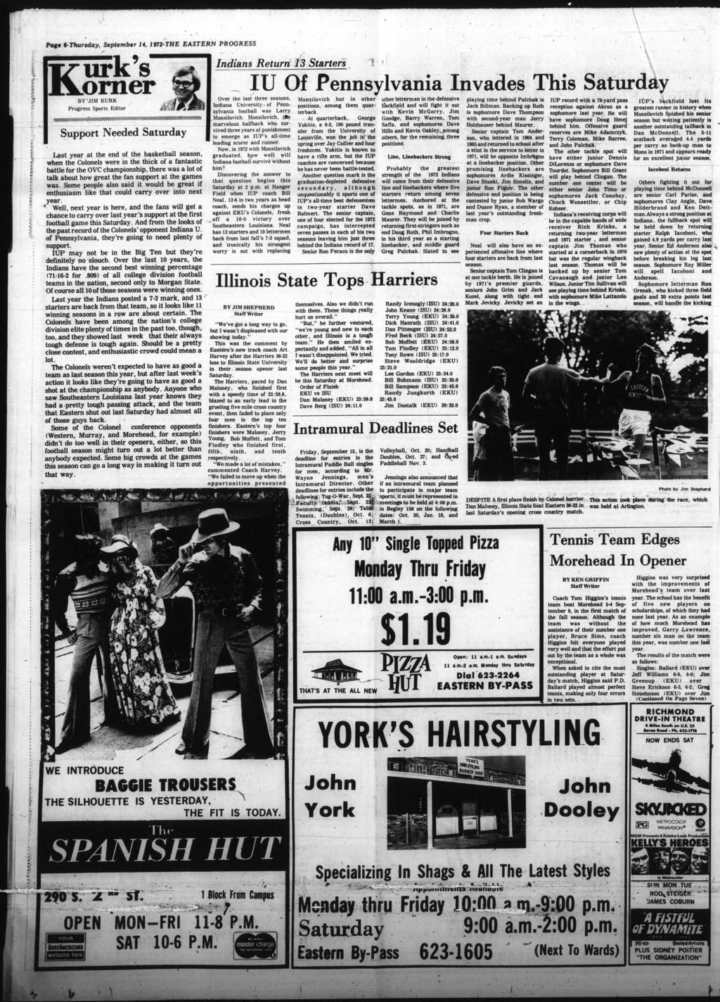 Pof««-Thursday, September 14, 1972-THE EASTERN PROGRESS ' - 1 K >] l 3 BY'JM KURK Progress Sports Edtor umna!