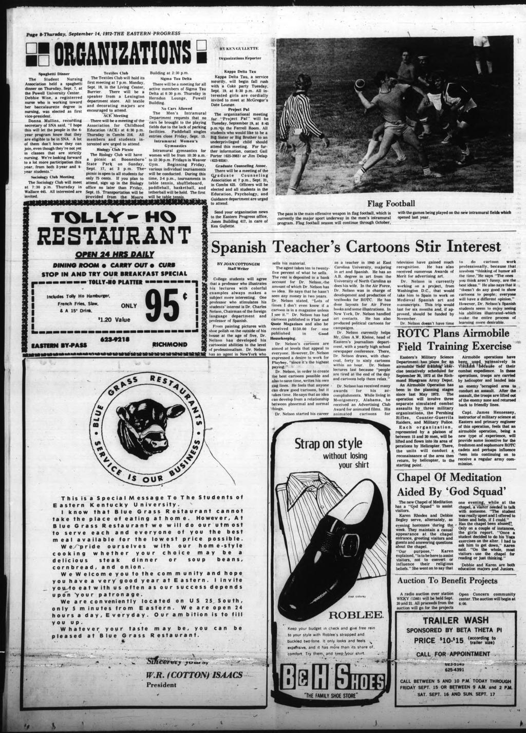 . Page S-Thursday, September 14, 1972-THE EASTERN PROGRESS ---*- ORGANZATONS BYKKXCa/J.KTTK Organzatons Reporter Spaghett Dnner The Student Nursng Assocaton held a spaghett dnner on Thursday, Sept.