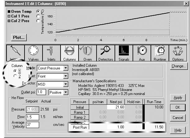 Figure 4. Columns screen, used to set up Post Run pressure and flow conditions. Then, by clicking on the Column 1 radio button, one can set the low inlet pressure for backflush. See Figure 5.