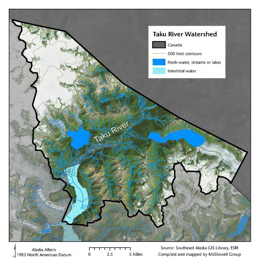 Taku River Watershed Profile of the Taku River Watershed The Taku River flows from British Columbia approximately 100 miles to its terminus in Taku Inlet near the U.S.