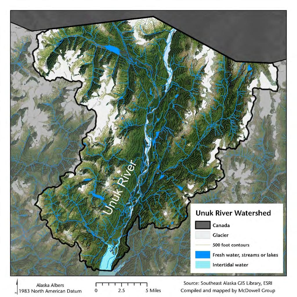 Unuk River Watershed Profile of the Unuk River Watershed The Unuk River originates in a glaciated area of British Columbia and drains approximately 1,500 square miles, flowing approximately 80 miles