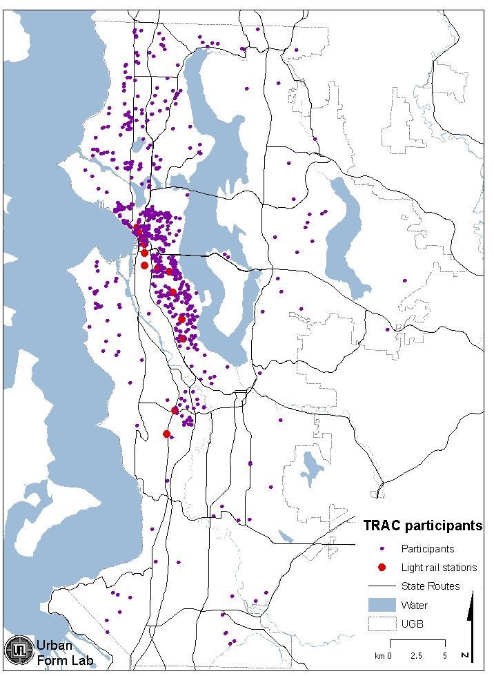 TRAC STUDY Home locations Accelerometer and GPS data 736 participants 5,195 days (7 days /participant) 12,598 activity bouts An activity bout