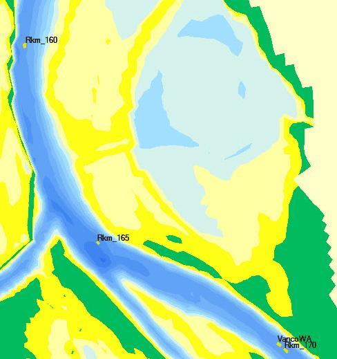 Figure 4-30: Observation points in the Modern Model located every 5km in the river channel Boundary Conditions Four different types of boundary conditions are applied to the model.