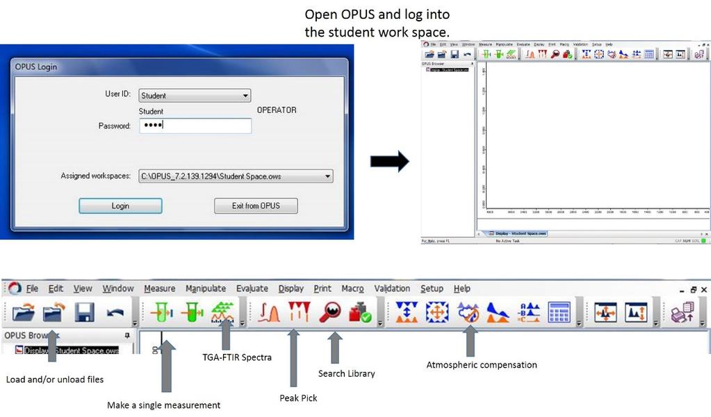 Open the OPUS software and sign in: Using the ATR: Fig. 3 Log in and work space Fig. 4 ATR Do not attempt to install the ATR. Contact lab personnel if necessary.