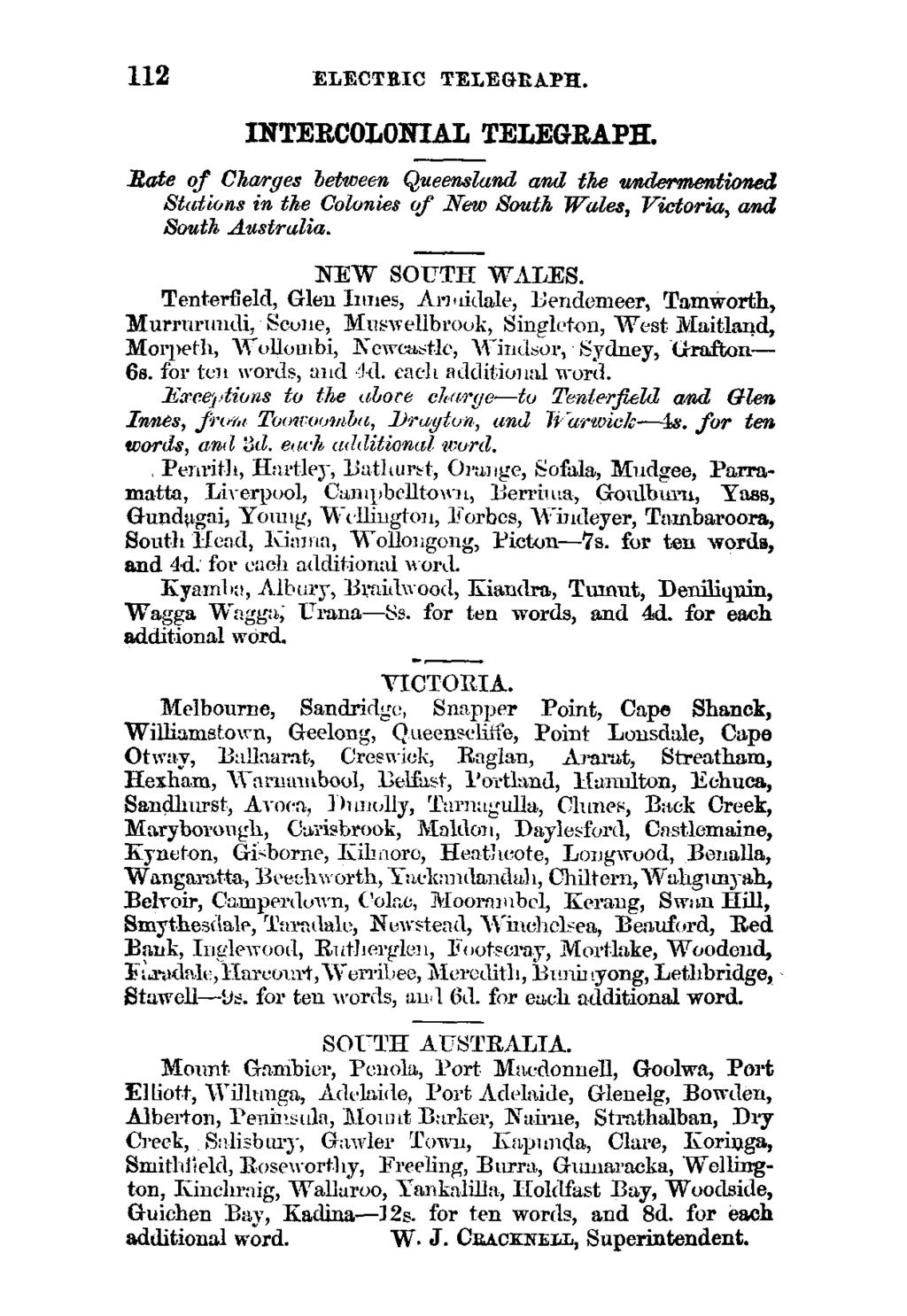 112 ELECTRIC TELEGEAPR. INTERCOLONIAL TELEGRAPH. -Rate of Charges between Queensland and the undermentioned Stations in the Colonies of New South Wales, Victoria, and South Australia. NEW SOUTH WALES.