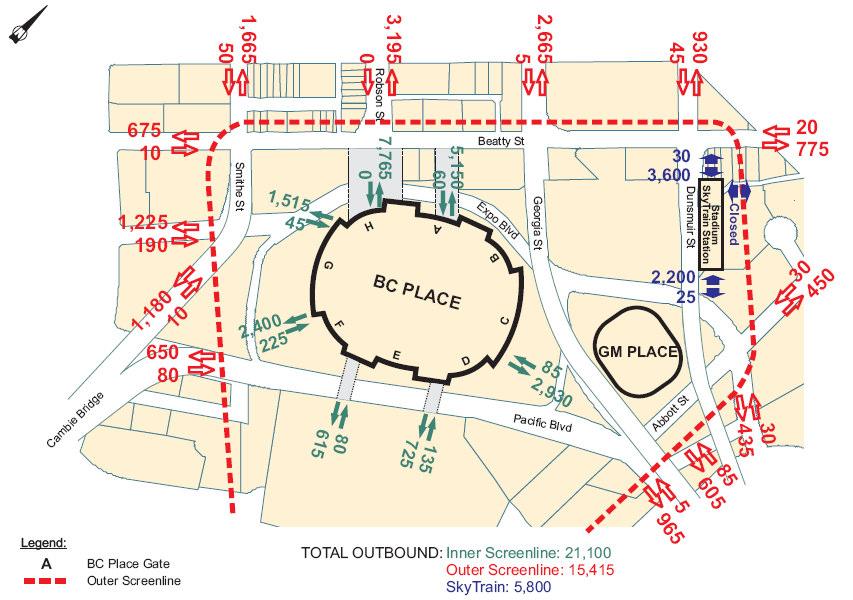 Exhibit 11: BC Place Peak 15-Minute Pedestrian Count Post-Event (23:15 to 23:30) Exhibit 12 highlights the spatial distribution of pedestrian movements for