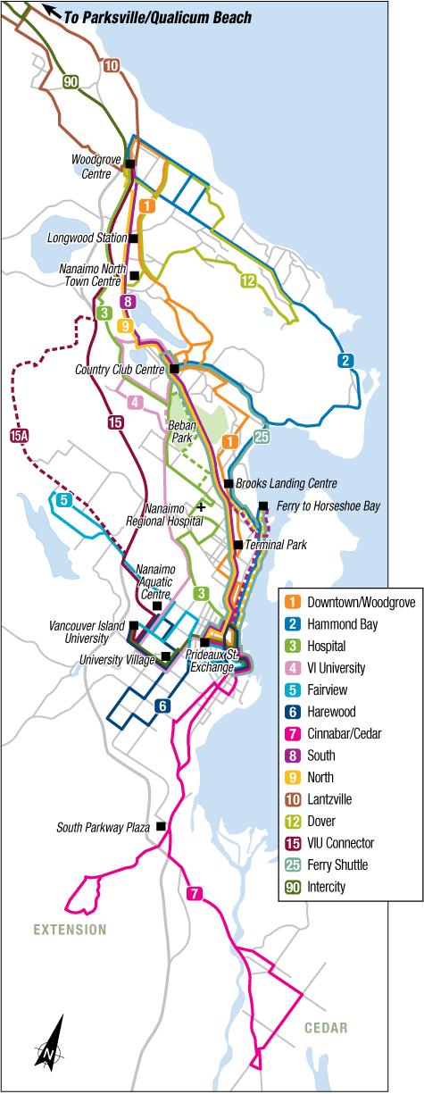 Existing Nanaimo Transit Routes The NTMP provides the City with an important opportunity to articulate its vision for transit service, guiding policy and infrastructure improvements that will ensure