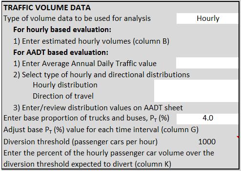 Traffic Volume Data In the TRAFFIC VOLUME DATA block shown on Figure 3, the user selects the type of volume data to be used for the analysis.