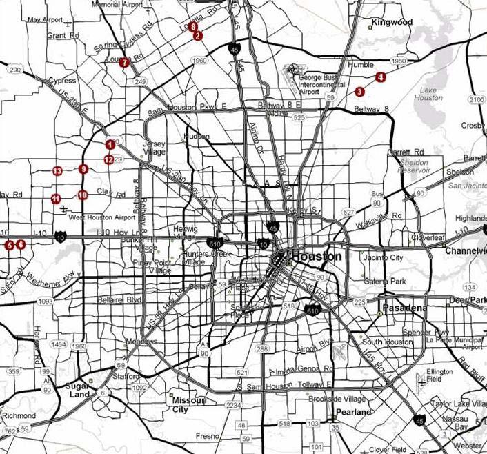 69 Figure 13: Map of Study Intersections in Houston Table 32 lists the left-turn lane v/c ratios (Volume to Capacity ratios) and the left-turn queue carryover percentages (the percentage of cycles in