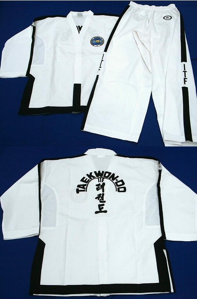 Differences in Dobok ITF Dobok WTF Dobok The ITF dobok is also white in colour, but has the Taekwon-Do Tree on the back.