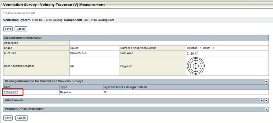 An example of the velocity traverses measurement entry data fields are displayed here. The user will click on the Date hyperlink to complete the measurement information.