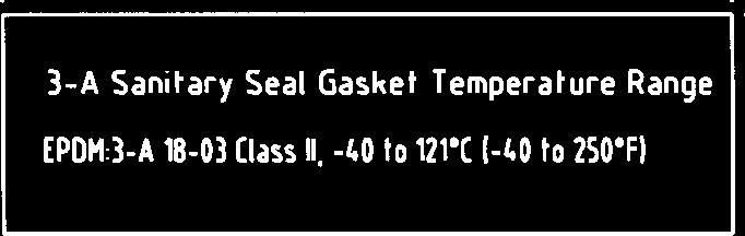 3-A seals are equipped with a specific label (see below) indicating the temperature range and gasket characteristics.