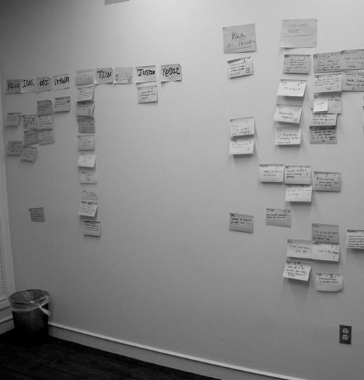 backlogs and a Scrum board. While all stories start in an online spreadsheet on Central Desktop, they re written on post-it notes and end up on the walls.
