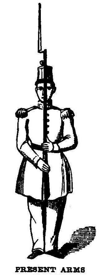 the height of the, shoulder, the fingers extended and joined, the right arm nearly straight. 142. (Third motion.) Drop the left hand quickly by the side. Present ARMS. 143. (First motion.