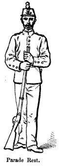 308. Both motions the same as for guard against infantry, except that the right hand will be supported against the hip, and the bayonet held at height of the eye, as in charge bayonet. 309.