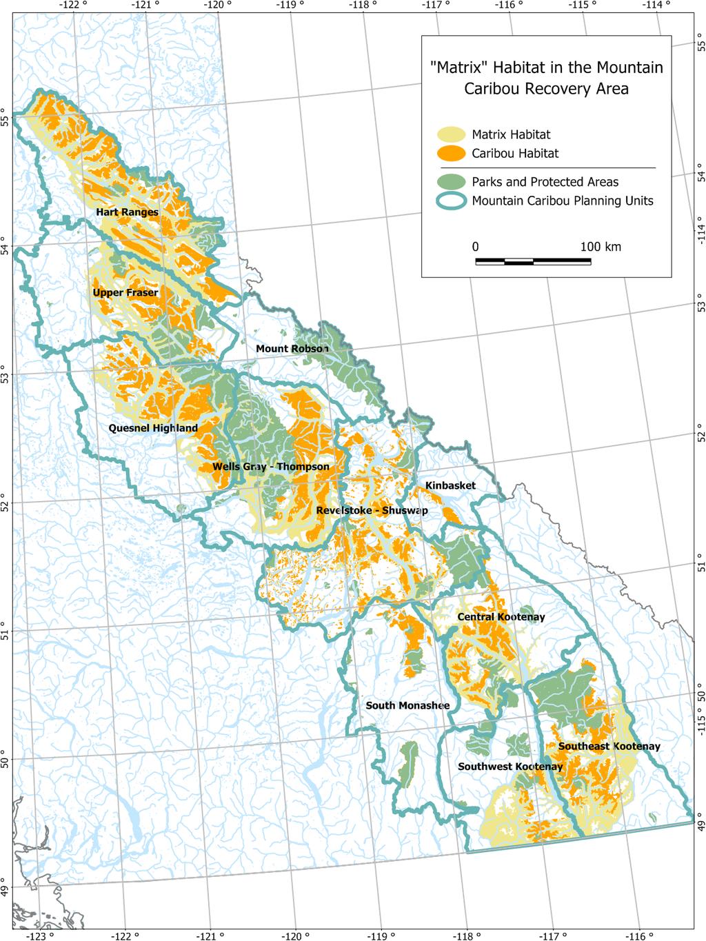 Figure 3. Distribution of "matrix habitat throughout mountain caribou range, in relation to habitat managed for caribou.