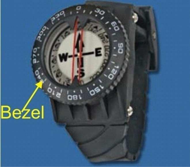 A bezel is a rotating collar on a diving compass equipped with alignment marks to indicate a course to be followed, an azimuth or for sighting.