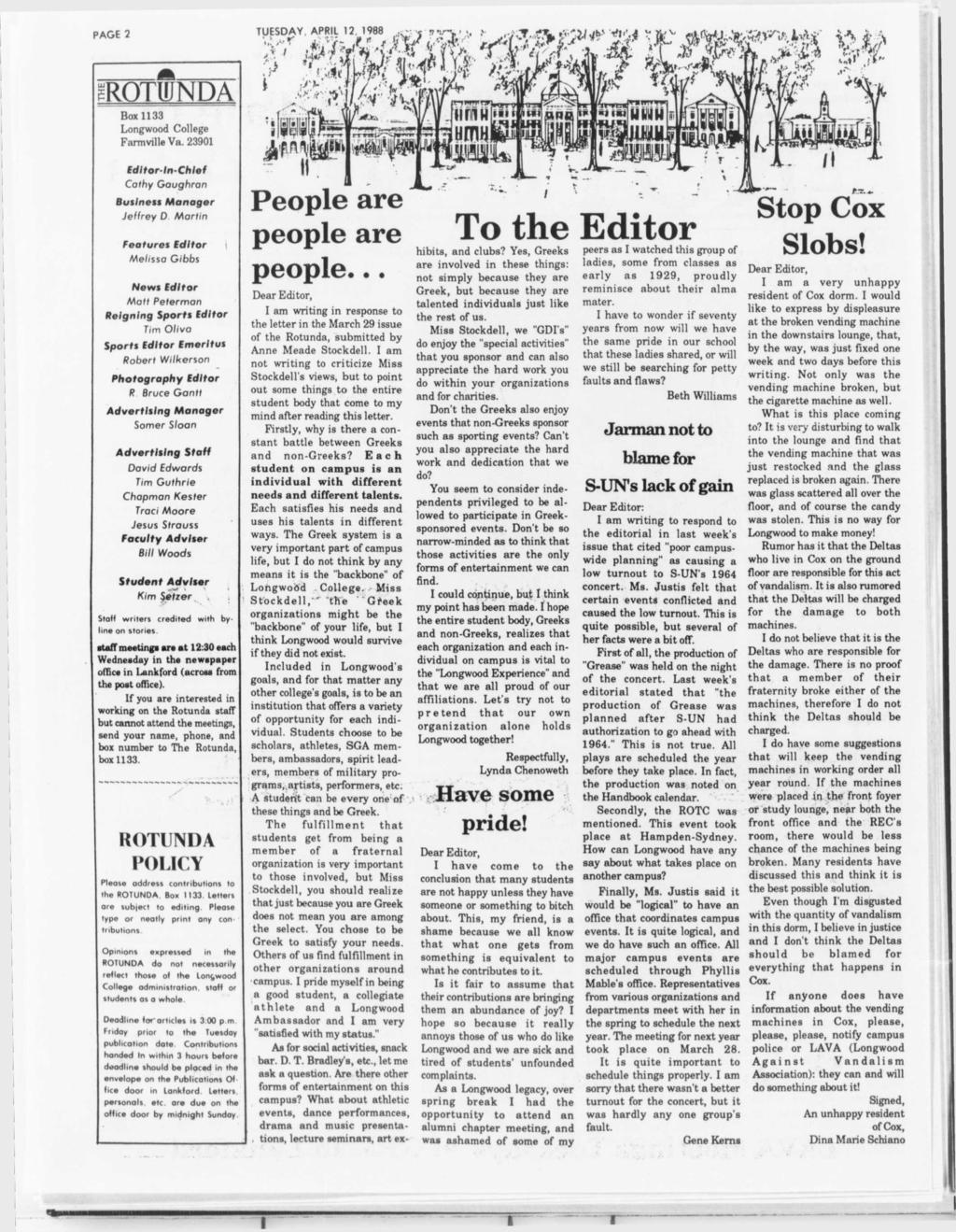 PAGE 2 TUESDAY, APRL 12, 1988 grotunda Box 1133 Longwood College Farmvlle Va.