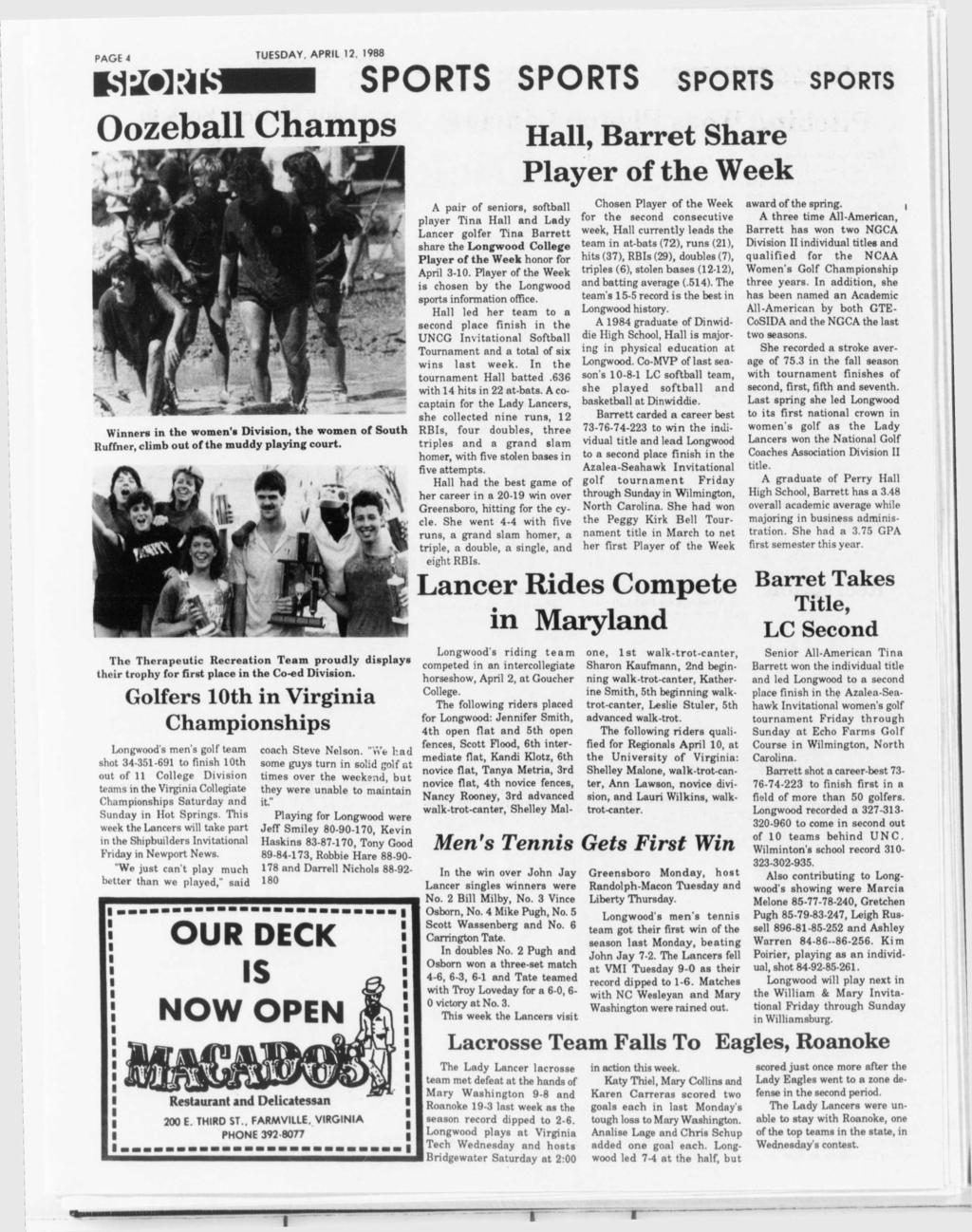 PAGE 4 TUESDAY. APRL 12, 1988 HsMrlfc SPORTS SPORTS SPORTS SPORTS Oozeball Champs Wnners n the women's Dvson, the women of South Ruffner, clmb out of the muddy playng court.