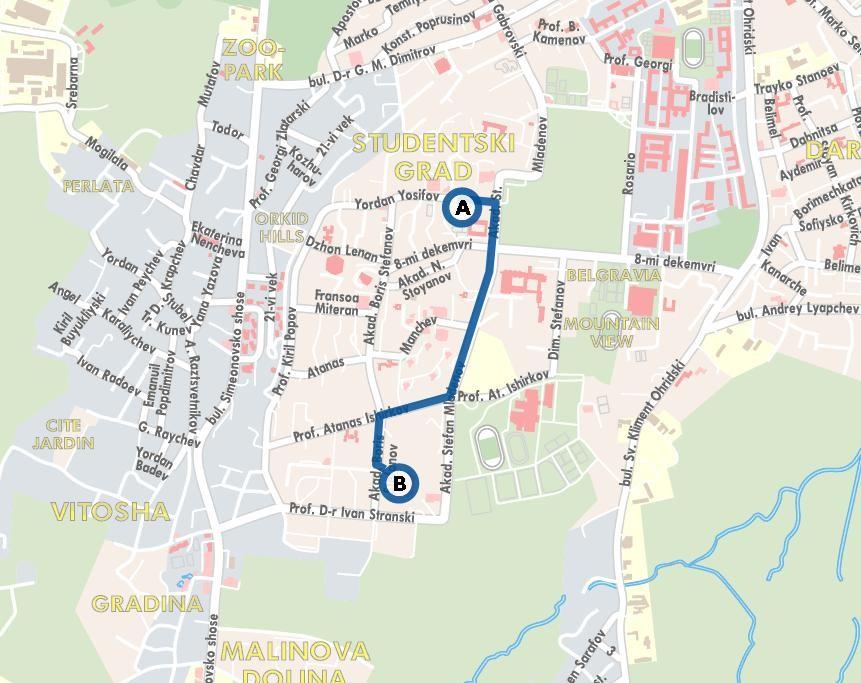 On the picture above you can see the location of SUITE Hotel A, and the location of the Winter Sports Palace B, as well as the route from the hotel to the Winter Sports Palace.