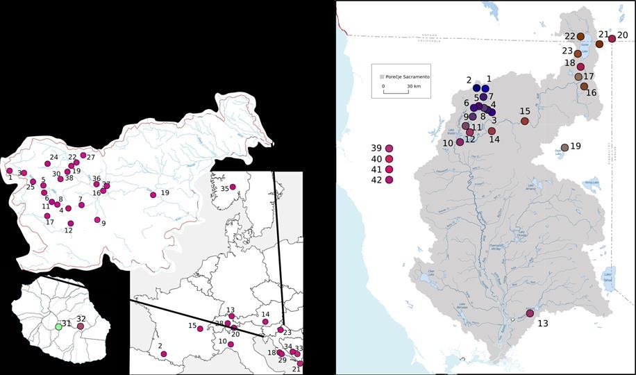 Slika 15: Diskriminantna analiza glavnih komponent na zemljevidu s tujerodnimi in domorodnimi vzorĉnimi mesti.