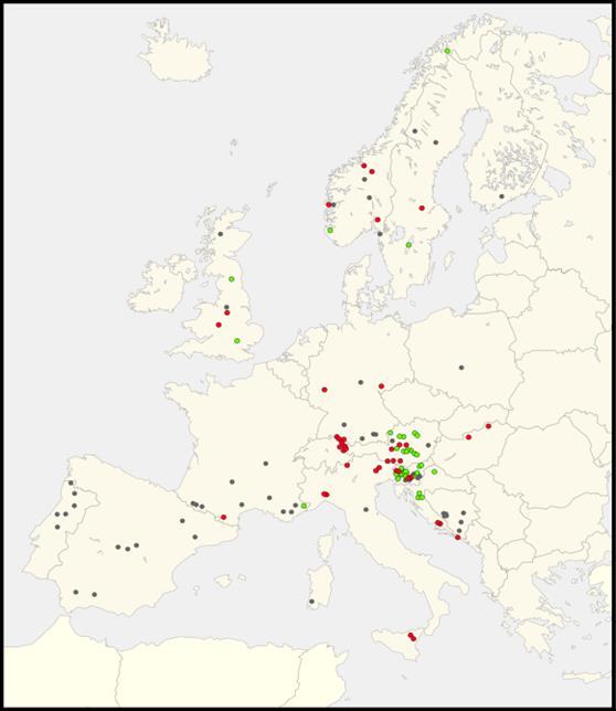Slika 5: Naturalizirane populacije šarenke v Evropi.