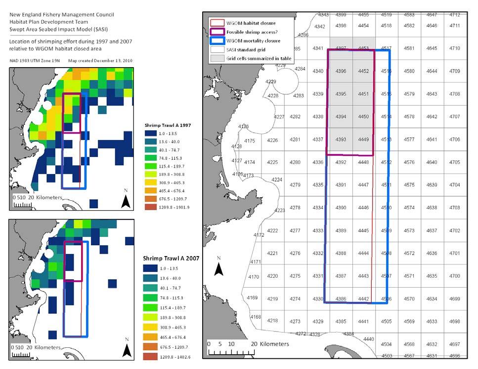 Figure 5 Comparison of 1997 (upper left panel) and 2007 (lower left panel) effort in the shrimp trawl fishery near the WGOM habitat and mortality closures.