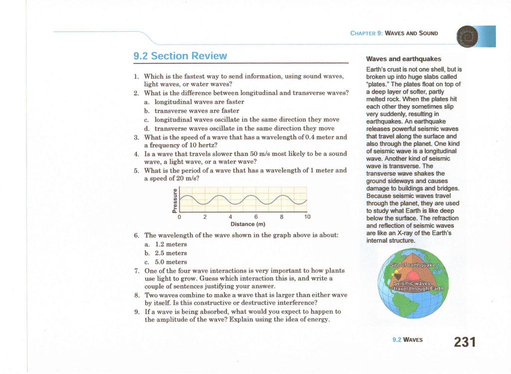 9.2 Section Review 1. Which is the fastest way to send information, using sound waves, light waves, or water waves? 2. What is the difference between longitudinal and transverse waves? a. longitudinal waves are faster b.