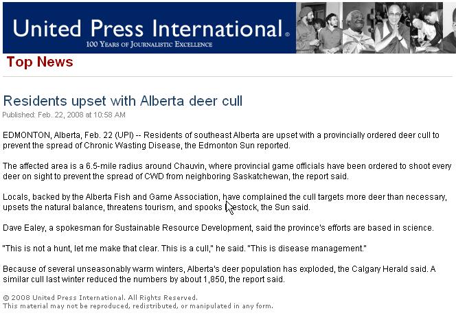 Alberta: CWD detected in 2005 Intensive agency culling Helicopter culling (2007 & 2008)